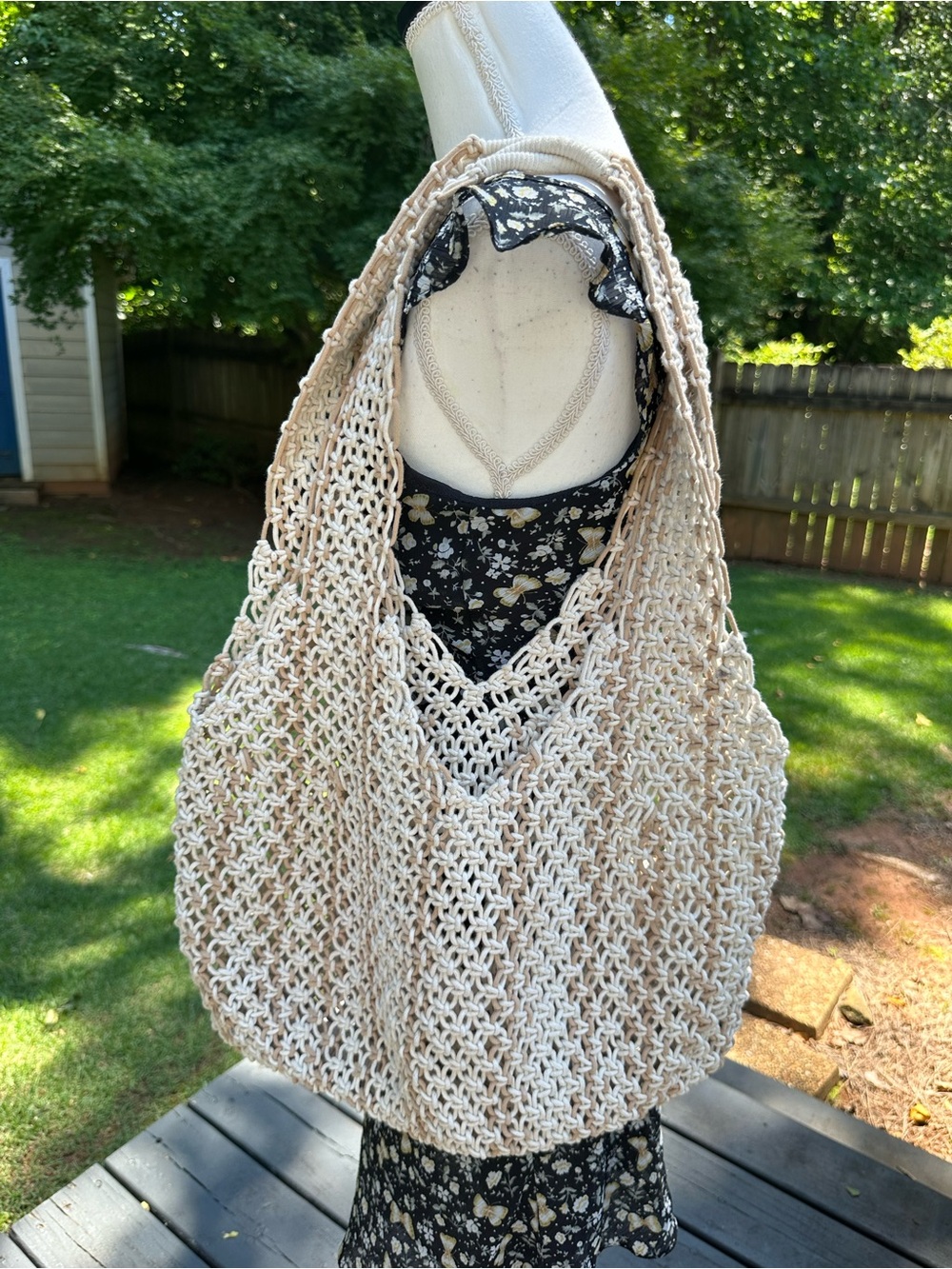Cream crochet cotton open knit hobo tote bag